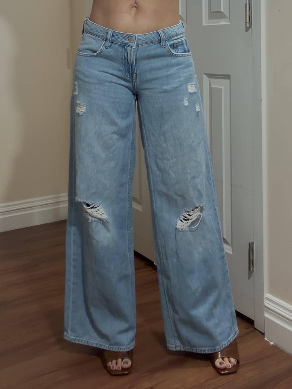 Forever 21 Light Blue Wide-Leg Ripped Jeans